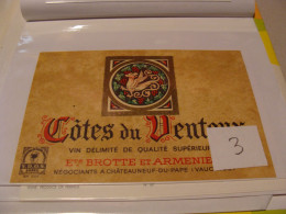 Etiquette De Vin Jamais Collée Wine Label  Weinetikett 1 Etiquettes Cotes Du Rhone Cotes Du Ventoux Brotte Armenier - Côtes Du Ventoux