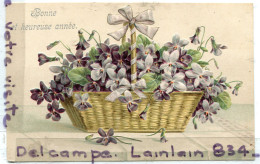 - 2 Cartes  " Gaufrée ", Bonne Année Et Bonne Fête, Bouquet De Fleurs, Basket, Splendide, écrite, 1907/1908, TBE, Scans. - Neujahr