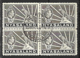 NYASALAND...KING GEORGE  VI...(1936-52..).......1 & HALFd X BLOCK OF 4.....SG132a.....(CAT.VAL.£34..)....CDS...VFU... - Nyassaland (1907-1953)