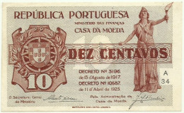 Portugal - CÉDULA 10 Centavos - 11.04.1925 - Pick: 101 - AUnc. - M.A. 10 - Serie A34 - Casa Da Moeda - Portugal