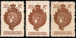 LIECHTENSTEIN - 1920 - 3x Mi.28 - 20h Reddish Brown (shades) - Mint** (b) - Unused Stamps