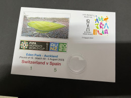 6-8-2023 (1 T 37) FIFA Women's Football World Cup Match 49 (stamp + $ 1.00 Cion) Switzerland (1) V Spain (5) - Dollar