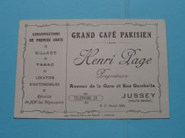 HENRI PAGE ( Prop.) Grand Café Parisien à JUSSEY - H.Saône France ( Voir Scans ) ( Format 12 X 8 Cm.) ! - Visitenkarten