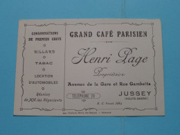 HENRI PAGE ( Prop.) Grand Café Parisien à JUSSEY - H.Saône France ( Voir Scans ) ( Format 12 X 8 Cm.) ! - Cartoncini Da Visita