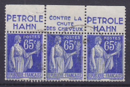 France Mi. 365, Paix Avec Bande Pub. 'Petrole Hahn & Contre La Chute Des Cheveux' 3-Stripe (2 Scans) - Used Stamps