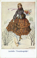  Illustrateur : KOEHLER, Mela. Femme Elégante Avec Manchon Tenant Un Petit Cochon En Laisse. - Koehler, Mela