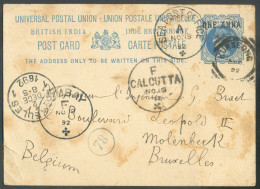 Postal Stationary Card 1a. Cacnelled KURSEONG 14 NO. 92 To Belgium + Cds CALCUTTA NO.15, BOMBAY NO/18, SEA POST OFFICE A - 1882-1901 Keizerrijk