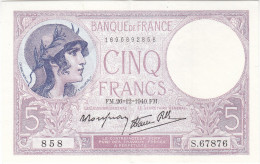 Billet 5 F Violet Du 26-12-1940 FAY 04.18 Alph. S.67876 SPL Sans épinglage - 5 F 1917-1940 ''Violet''