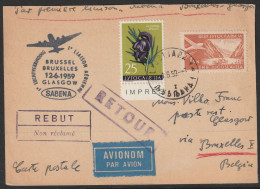 1959, Sabena, First Flight Card, Lubljana-Glasgow, Feeder Mail - Aéreo