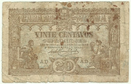 Portugal - CÉDULA 20 Centavos - 04.08.1922 - Pick: 100 - M.A. 9 - Serie AD - Casa Da Moeda - Portugal