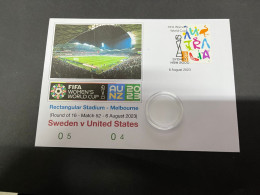 7-8-2023 (1 T 44) FIFA Women's Football World Cup Match 52 (stamp + $ 1.00 Coin) Sweden (0-5) V USA (0-4) - Dollar