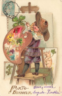 Enfant Peintre Et Cochon * Palette De Peinture Porte Bonheur Trèfle Quatre Feuilles * CPA Illustrateur Gaufrée * Pig - Schweine