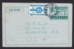 Rwanda: Stationery Aerogramme To USA, 1966, Extra Stamp, Airplane, Declaration Human Rights (minor Damage) - Cartas & Documentos