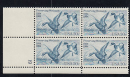 Sc#2092, Waterfowl Preservation Act 50th Anniversary 20-cent Plate # Block Of 4 MNH 1984 Issue - Plate Blocks & Sheetlets