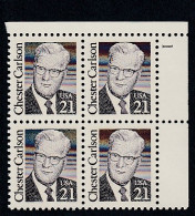 Sc#2180, Chester Carlson, US Physicist And Inventor, Great American Series 21-cent Plate # Block Of 4 MNH 1988 Issue - Plaatnummers