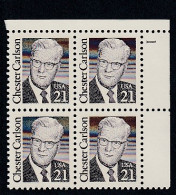 Sc#2180, Chester Carlson, US Physicist And Inventor, Great American Series 21-cent Plate # Block Of 4 MNH 1988 Issue - Numero Di Lastre