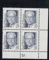 Sc#2184, Earl Warren Chief Justice Of US Surpreme Court, Great American Series 29-cent Plate # Block Of 4 MNH 1992 Issue - Numéros De Planches