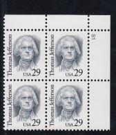 Sc#2185, Thomas Jefferson US President, Great American Series 29-cent Plate # Block Of 4 MNH 1993 Issue - Plaatnummers