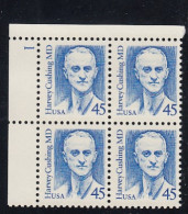 Sc#2188, Harvey Cushing MD Neurosurgeon, Great American Series 45-cent Plate # Block Of 4 MNH 1988 Issue - Plattennummern