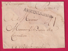 MARQUE ARMEE DU BAS RHIN POUR VILLEFRANCHE DE ROUERGUE AVEYRON LETTRE - Army Postmarks (before 1900)