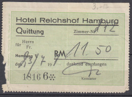 Quittung Für Übernachtung Im Hotel Reichshof, Hamburg, 1939 (?) - 1900 – 1949