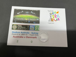 8-8-2023 (1 T 44) FIFA Women's Football World Cup Match 53 (stamp + $ 2.00 Coin) Australia (2) V Denmark (0) - 2 Dollars