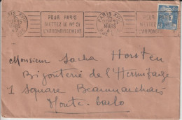 1947 - GANDON SEUL SUR ENVELOPPE De PARIS => MONTE CARLO (MONACO) DESTINATION ! - 1945-54 Marianne (Gandon)