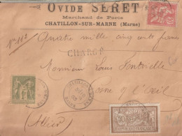 1903 - MIXTE SAGE (1F !) / MERSON / MOUCHON Sur ENVELOPPE CHARGEE De CHATILLON SUR MARNE => COSNE - 1876-1898 Sage (Type II)