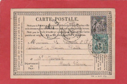 Carte Postale - 10C Type Sage + 5C - Herault - Montpellier Vers St Junien (Haute-Vienne) 1877 - Cartes Précurseurs