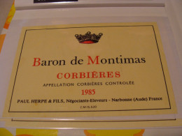 Etiquette De Vin Jamais Collée Wine Label  Weinetikett 1 Etiquettes Languedoc Roussillon Corbieres Baron  Montimas 1985 - Languedoc-Roussillon