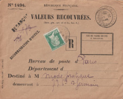 1926 - PASTEUR 30c YT 174 SEUL Sur ENV. VALEURS RECOUVREES (COMPLETE !) De BESANCON RECOUVREMENTS ! (DOUBS) => PARIS - 1922-26 Pasteur