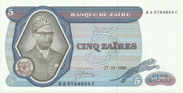Zaïre - 5 Zaïres - 27.10.1980 - Pick 22.b -  Sign. 3 - Prefix B A , Sufix C - Mobutu - Zaïre