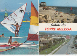 CARTOLINA  TORRE MELISSA,CROTONE,CALABRIA-SALUTI-MARE,SOLE,ESTATE,SPIAGGIA,VACANZA,BARCHE,BELLA ITALIA,VIAGGIATA 1988 - Crotone