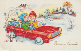 Mignonette 7cmx11 Cm Couple D'enfants Dans Auto Rouge . Illust. LUCE ANDRE - Sonstige & Ohne Zuordnung