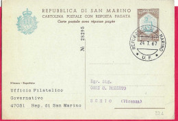 SAN MARINO - INTERO CARTOLINA POSTALE PALAZZO CONSIGLIO (CAT. INT. 32A DOMANDA) CON REPIQUAGE . *24.7.67* - Enteros Postales