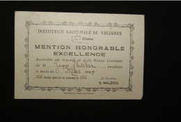 Prix D'excellence Institut Saint Malo (Valognes/dpt 50) 1929 - Diplômes & Bulletins Scolaires