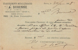 PARIS - 1898 - CARTE PRECURSEUR  SAGE REPIQUAGE PRIVE DE A.DURENNE. ETABLISSEMENTS METTALLURGIQUES. POUR NAIX PRES LIGNY - Cartes Précurseurs