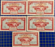 MACAU 1946 BNU 10 AVOS PICK#36a X 5 W/ALL 5 PREFIX A,B,C,D,E. V\F. WITH FOLDS, NO HOLES - Macao