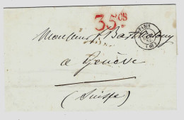 4 - 10 - 1850 - Lettre En Port Du De Paris  Pour Genève - Taxe  35 CS  De Genève Rouge - 1843-1852 Federal & Cantonal Stamps