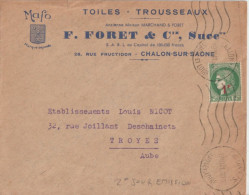 1941 - CERES SURCHARGE SEUL SUR LETTRE 2° JOUR D'EMISSION ! De CHALONS SUR SAONE => TROYES (AUBE) - Briefe U. Dokumente