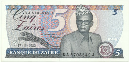 Zaïre - 5 Zaïres - 17.11.1982 - Pick 26 - Unc. - Sign. 6 - Prefix B A , Sufix J - Mobutu - Zaïre