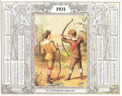 Reproduction Du Recto CALENDRIER - Espagnol Spain - 1931 -El Calendario De Cumpleanos - Archers - Fêtes - Anniversaire - Tamaño Grande : 1921-40