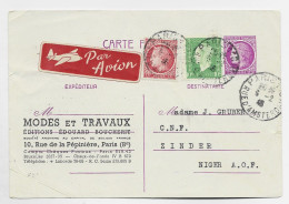 FRANCE DULAC 10FR SUR ENTIER MAZELIN 1FR50 CP +1FR AVION PARIS 6.2.1946 POUR LE NIGER REPIQUAGE MODES TRAVAUX - 1945-47 Cérès De Mazelin