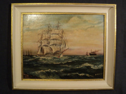 Ancien Tableau Peinture Marine Bateaux Voilier Peinture à L'huile Sur Carton Fort Signée Cheval - Oleo