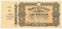 200 LIRE CAMPIONE CON MATRICE SPECIMEN BANCO SICILIA BIGL AL PORTATORE 1879 SUP- - Autres & Non Classés