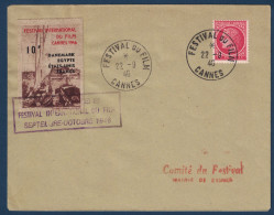 VIGNETTE FESTIVAL INTERNATIONAL DU FILM CANNES 1946 Sur LETTRE CACHET Avec CAD CONCORDANT + GRIFFE COMMEMORATIVE - Luchtvaart