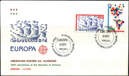 Turquie - Türkei - Turkey FDC 1992 Y&T N°2695 à 2696 - Michel N°2947 à 2948 - EUROPA - FDC