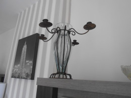 Ancien Vase Bougeoir Art Deco Verre Et Fer Forgé - Chandeliers, Candelabras & Candleholders