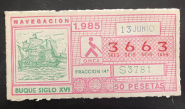 SUB 115A,  CAPICUA Lottery Ticket, Spain, ONCE, « NAVEGACION », « Buque Siglo XVI », # 3663, 1985 - Billetes De Lotería