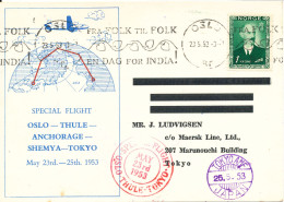Norway SAS Special Flight Oslo-Thule-Anchorage-Shemya-Tokyo 23 To 25-5-1953 - Lettres & Documents